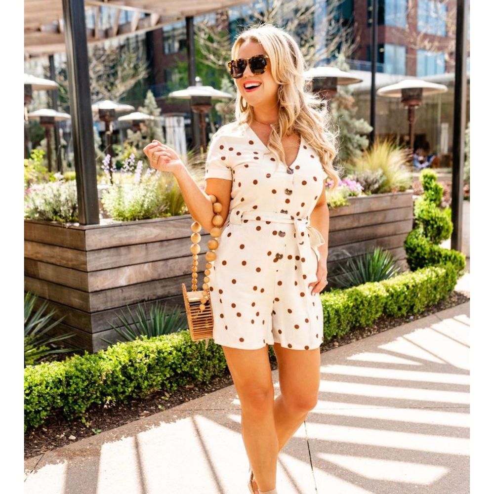 Moon River Anthropologie Linen Blend Short Romper Cream with Brown Polka Dots M